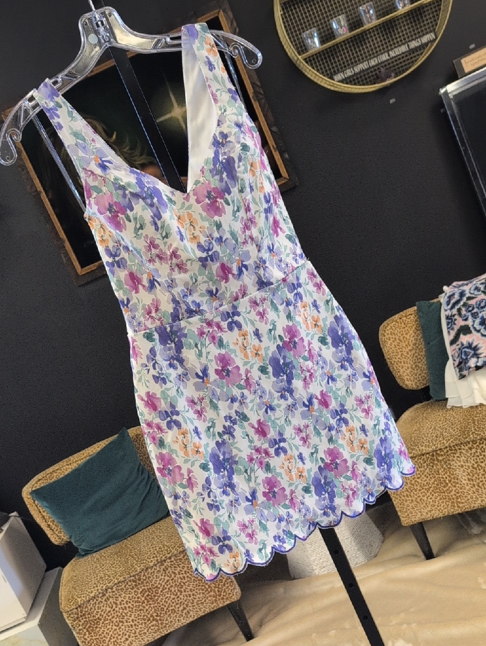 Altar'd State White Floral Mini Dress with Purple, Pink & Orange Accents